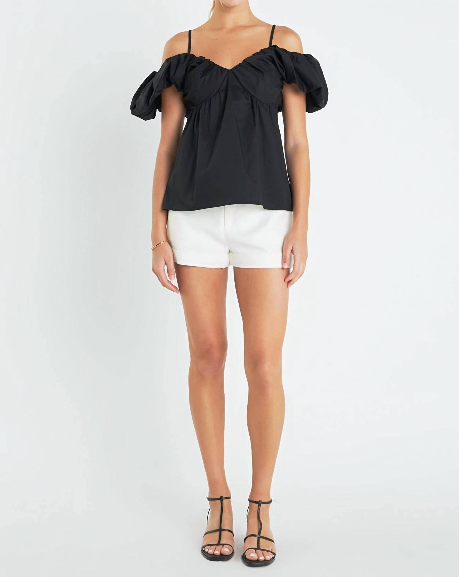 English Factory Victoria Ruched Sleeve Top in black - women's blouse