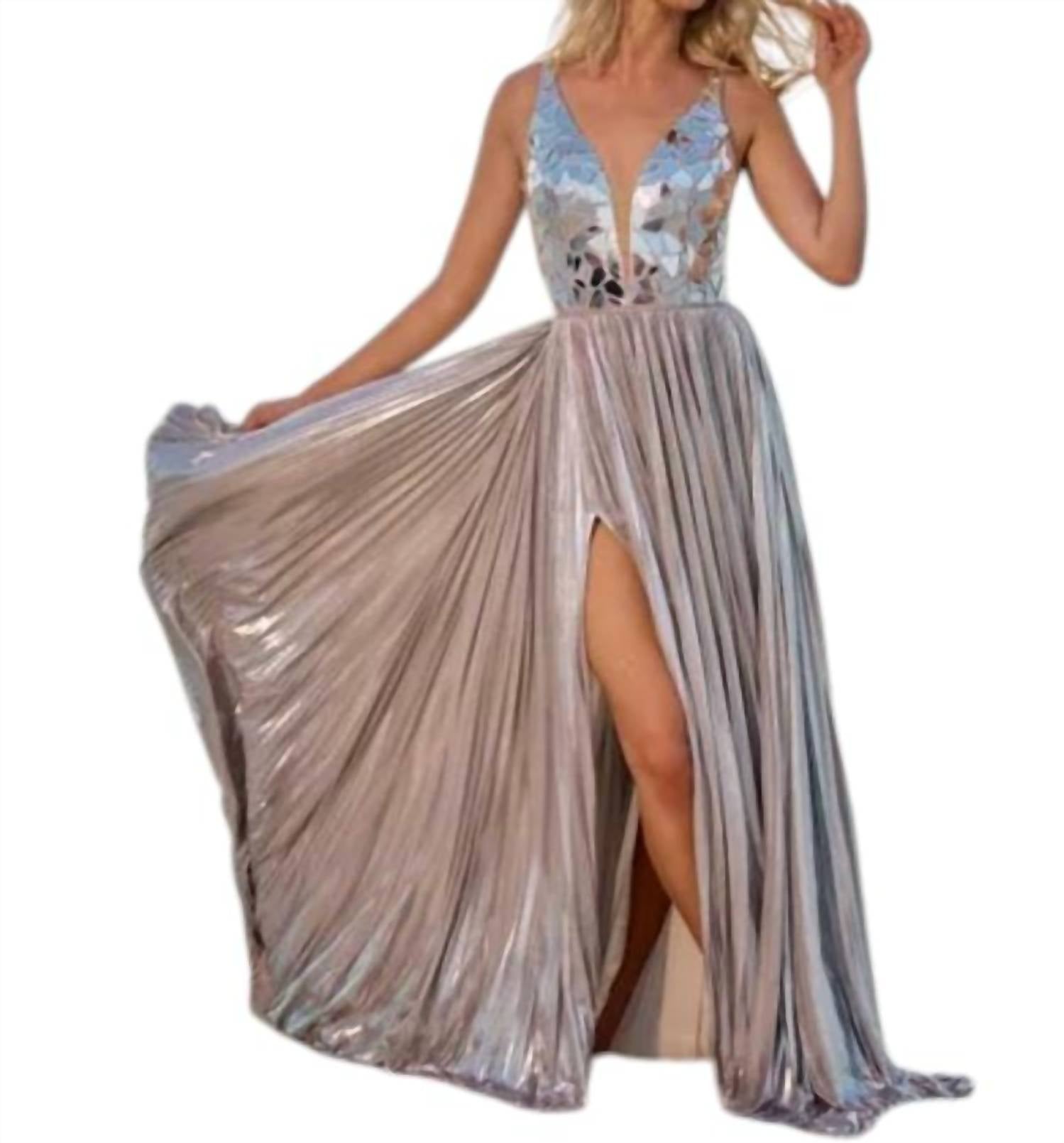 Sherri Hill Metallic Pleated Gown With Glass Cut Bodice in silver - women's dress