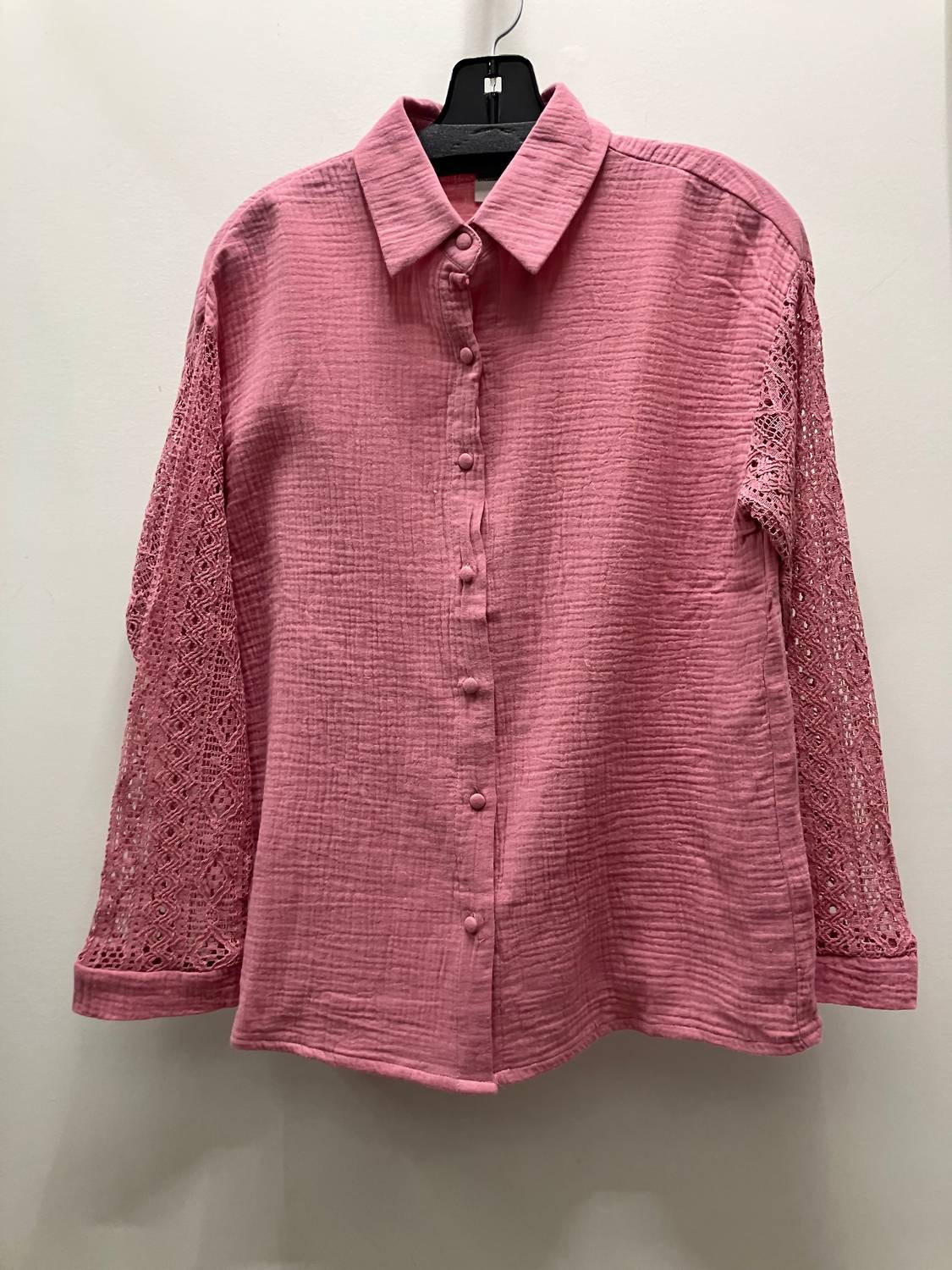 Pine Apparel - Gauze Button Front Crochet Sleeve Top