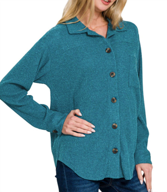 Zenana - Rib Collared Neck Button Front Shacket