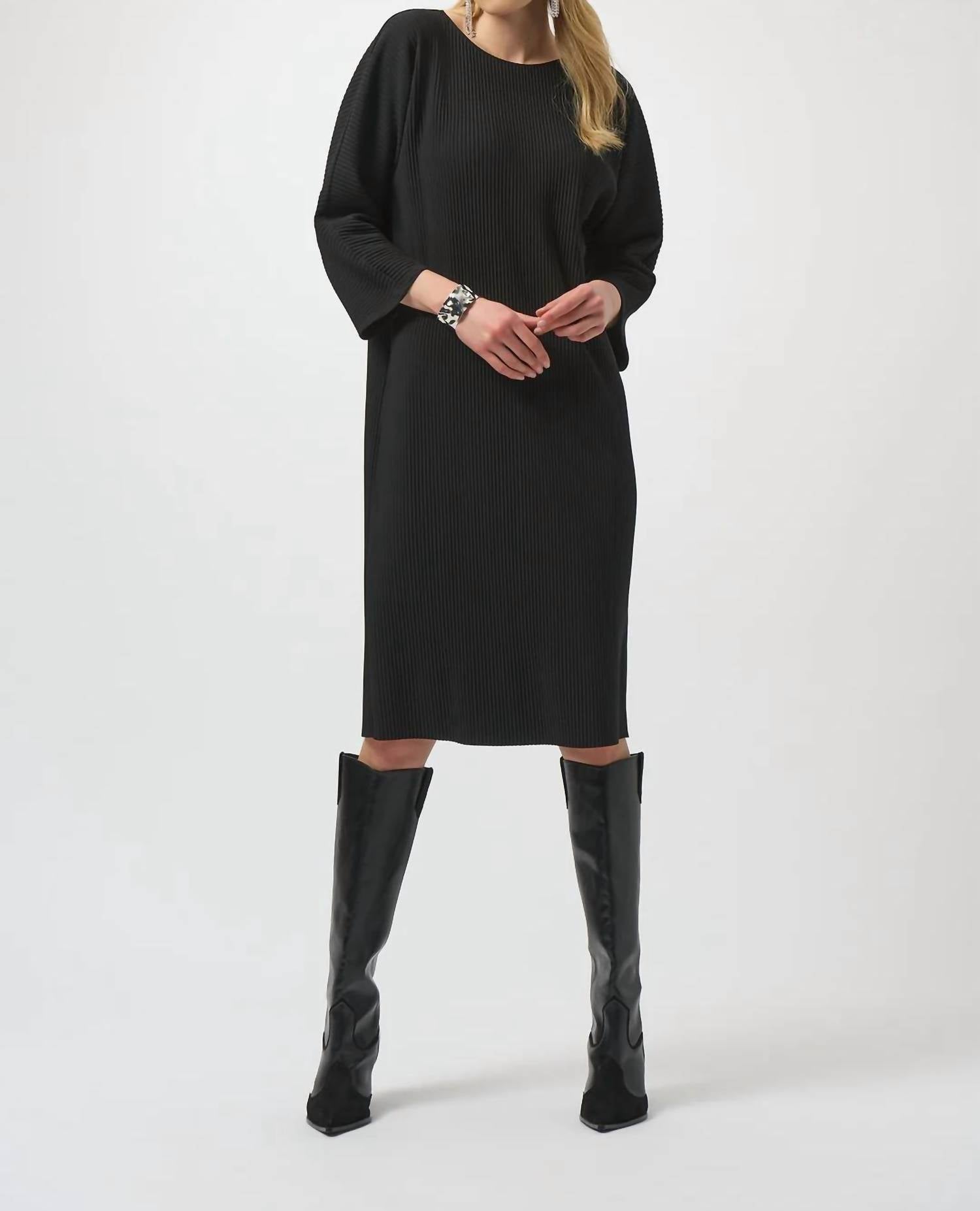 Joseph Ribkoff - Crewneck 3/4 Sleeves Pleated Dress