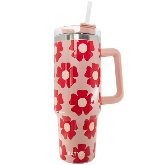 Katydid - Flower Power Printed Stainless Steel Tumbler 40 oz with Handle Peach Pink