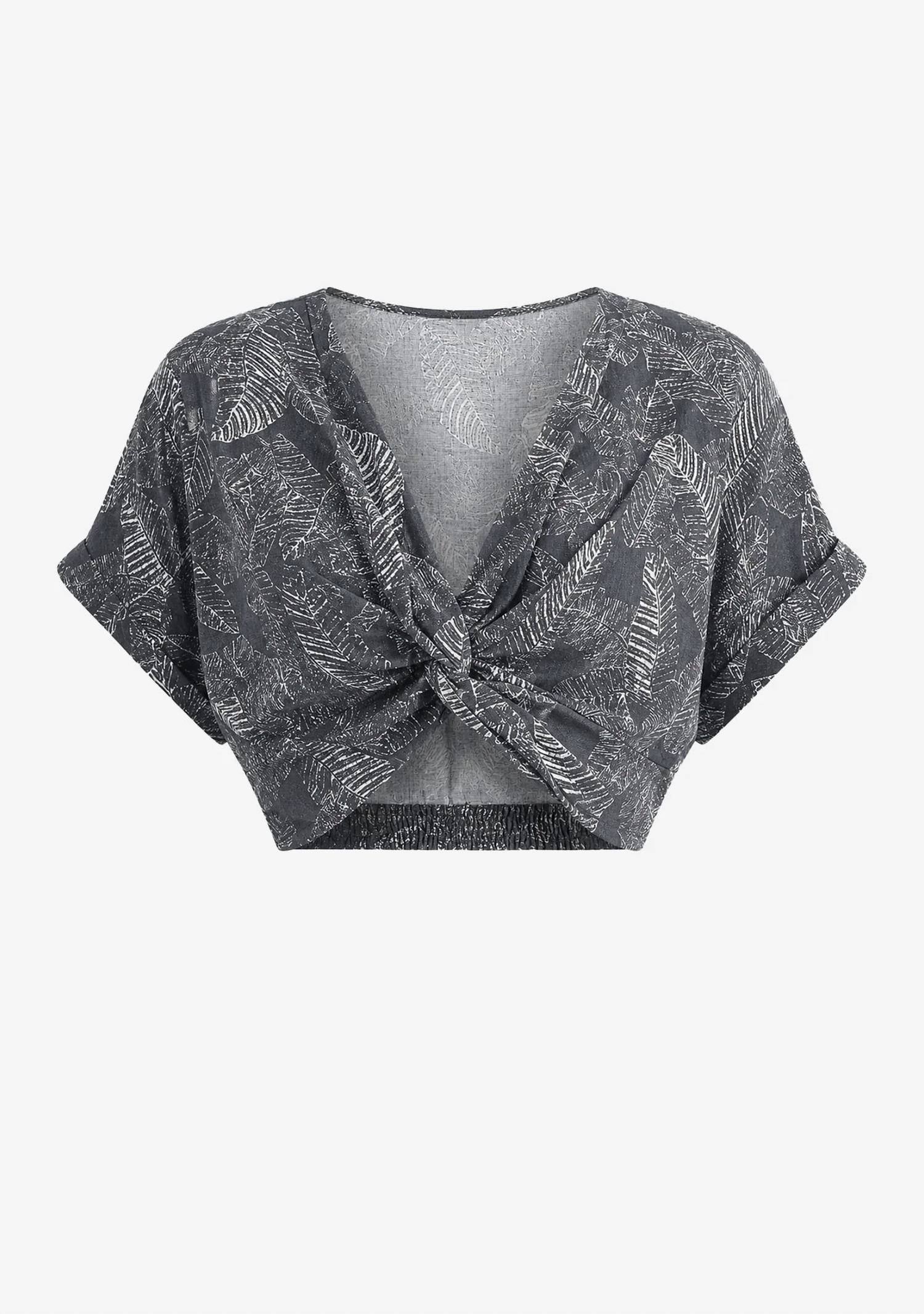 Miou Muse - Leaf Print Faded Effect Twist Front Top