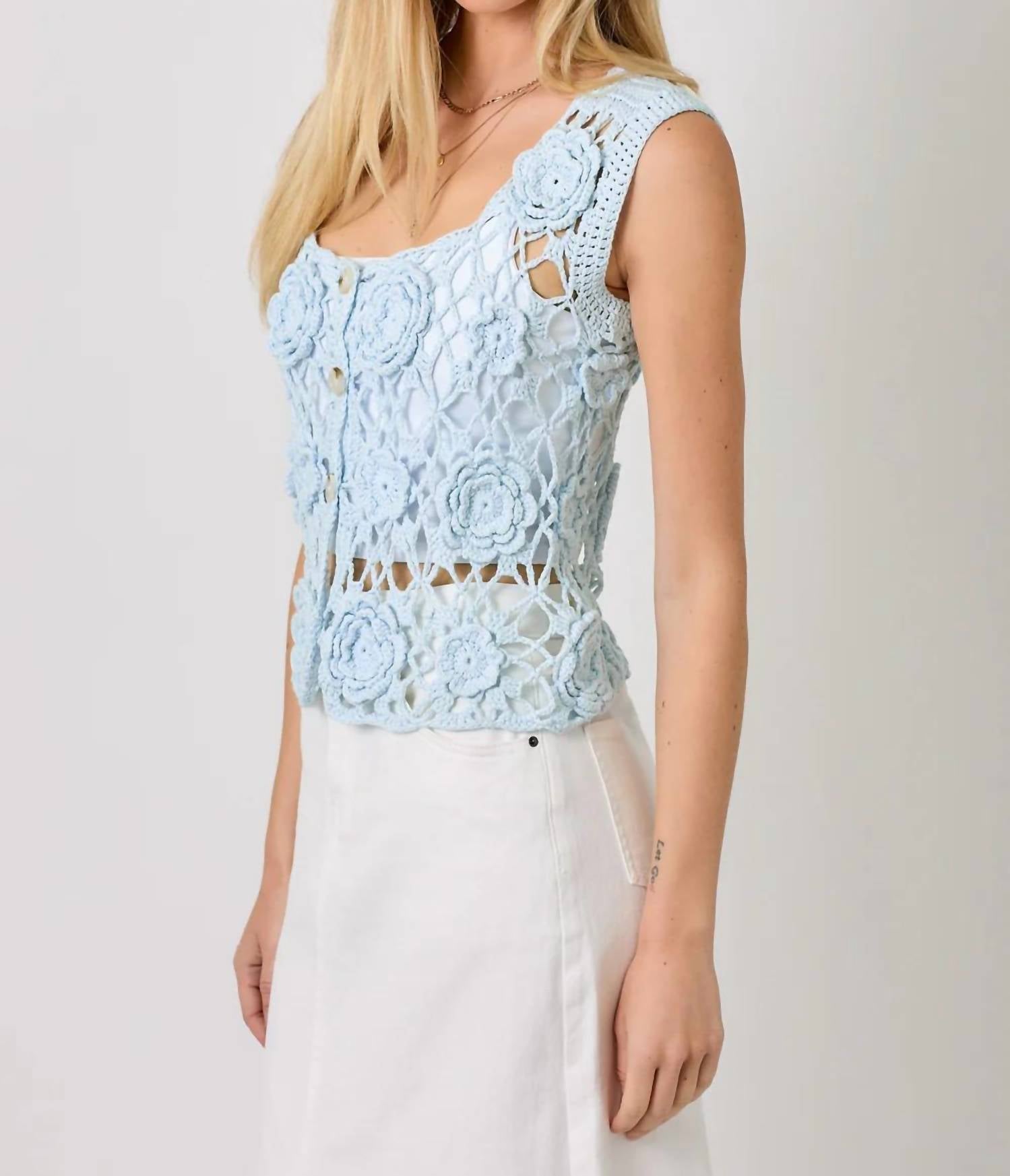 Mystree - Sleeveless Button Front Crochet Top