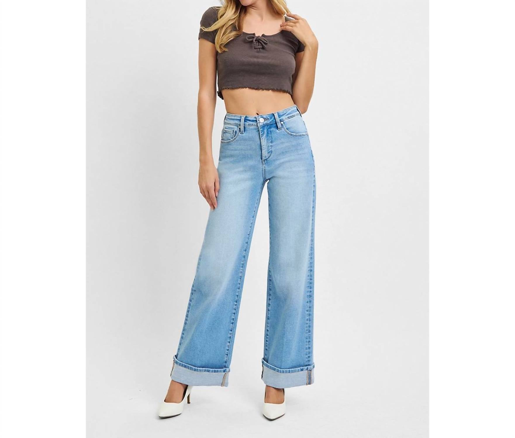 Risen - Tummy Control High Rise Long Inseam Wide Cuffed Jeans