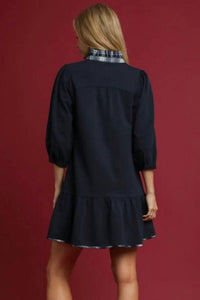 Umgee - French Terry Ruffle Hem Dress With Plaid Trim V-neck
