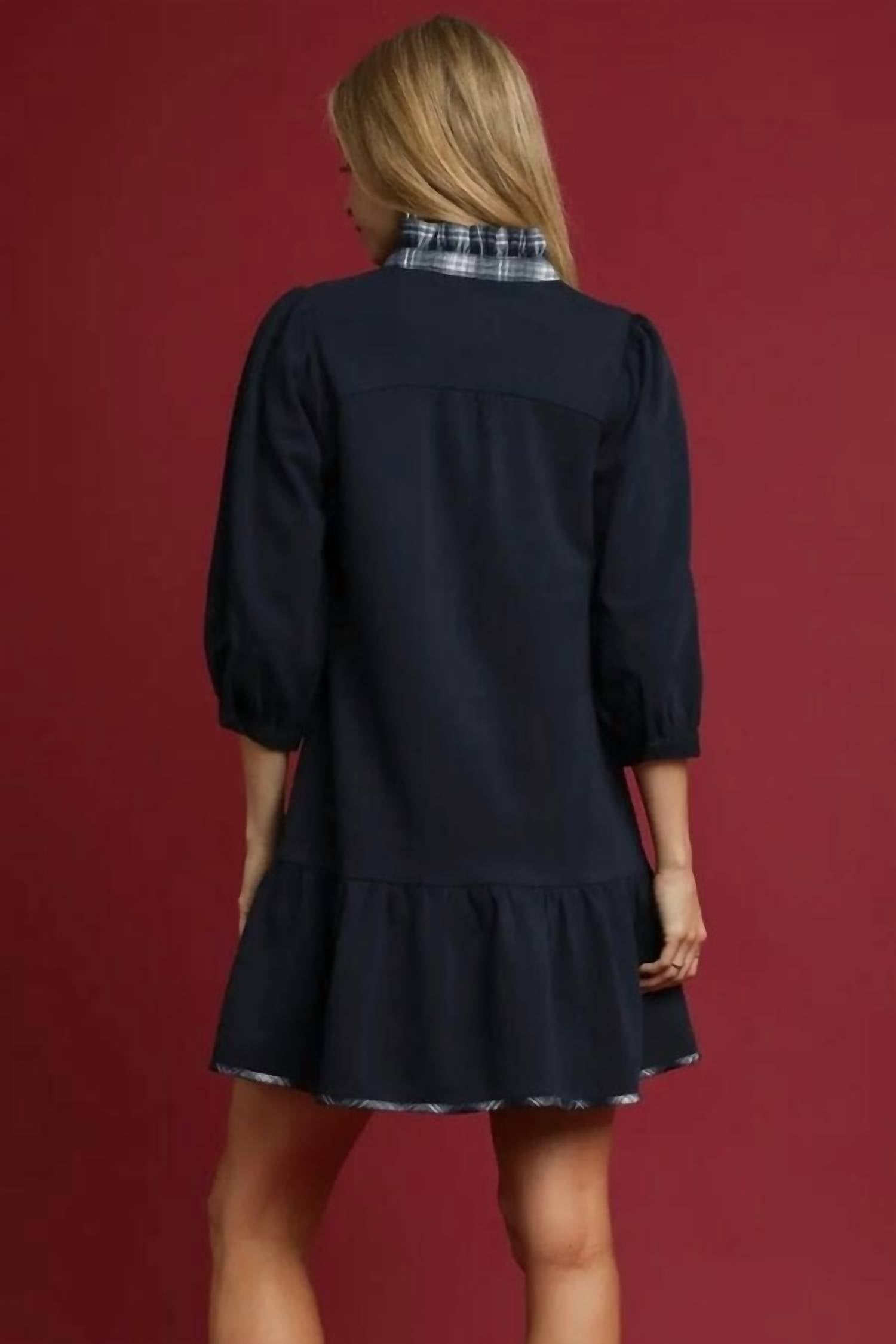Umgee - French Terry Ruffle Hem Dress With Plaid Trim V-neck