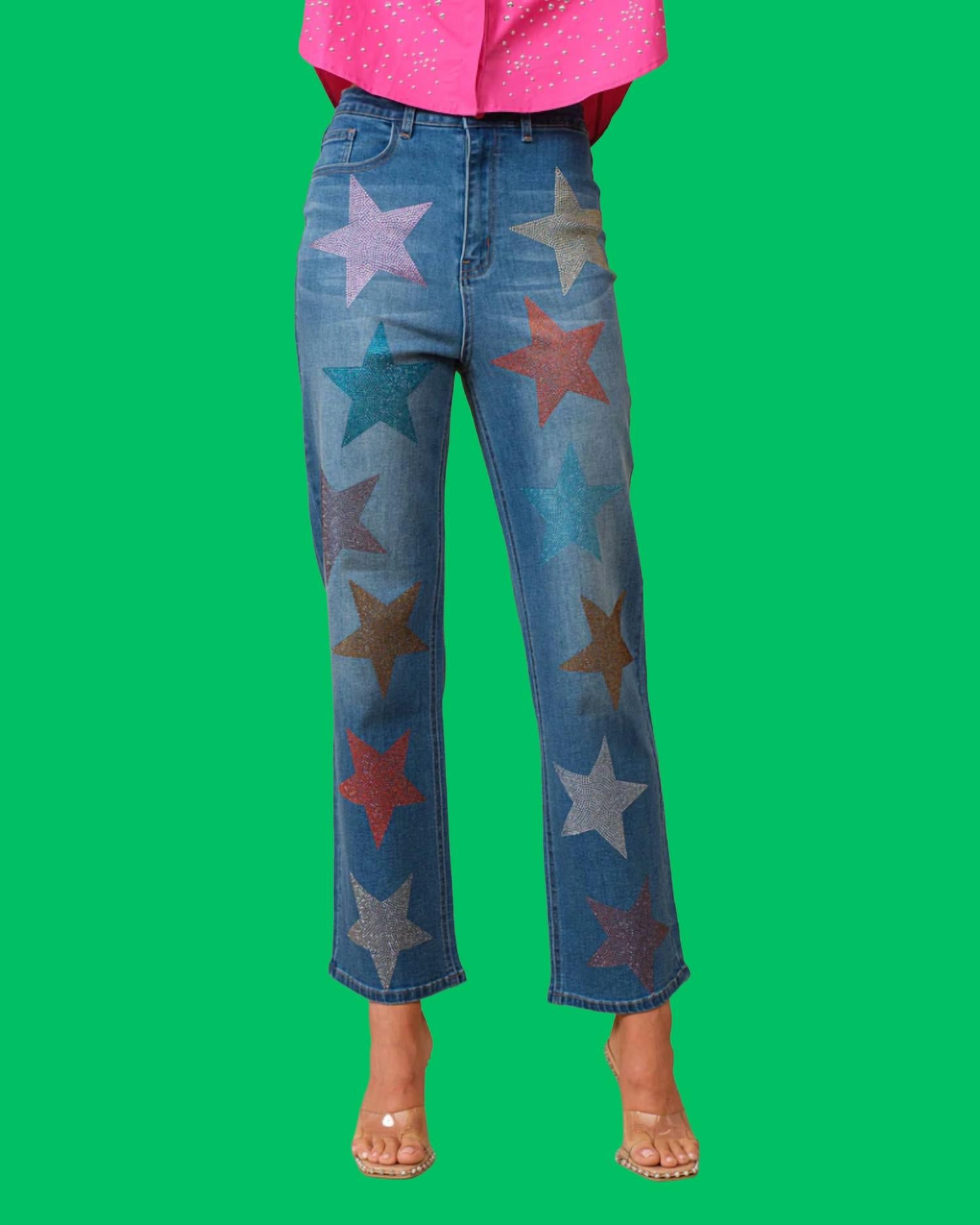 Blue B Nellie Star Bedazzled Wide Leg Jeans in denim - women's pants