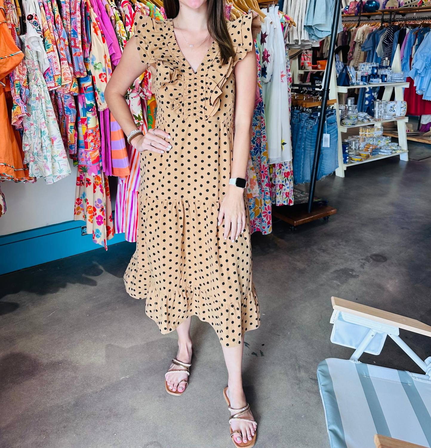 Reminiscence - Ruched Cotton Polka Dot Midi Dress