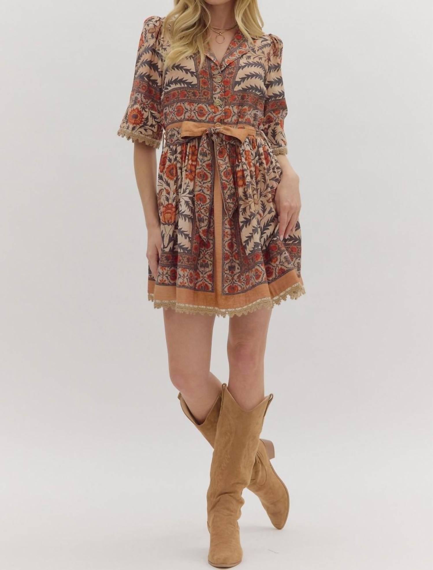 entro Botanical Puff Sleeve Mini Dress in charcoal - women's dress