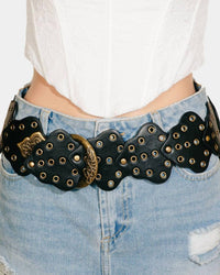 FAME ACCESSORIES Grommeted Vegan Leather Patch Linked Belt in black - women's accessory - detail view