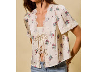 So Me - Rose Satin Tie Front Floral Blouse