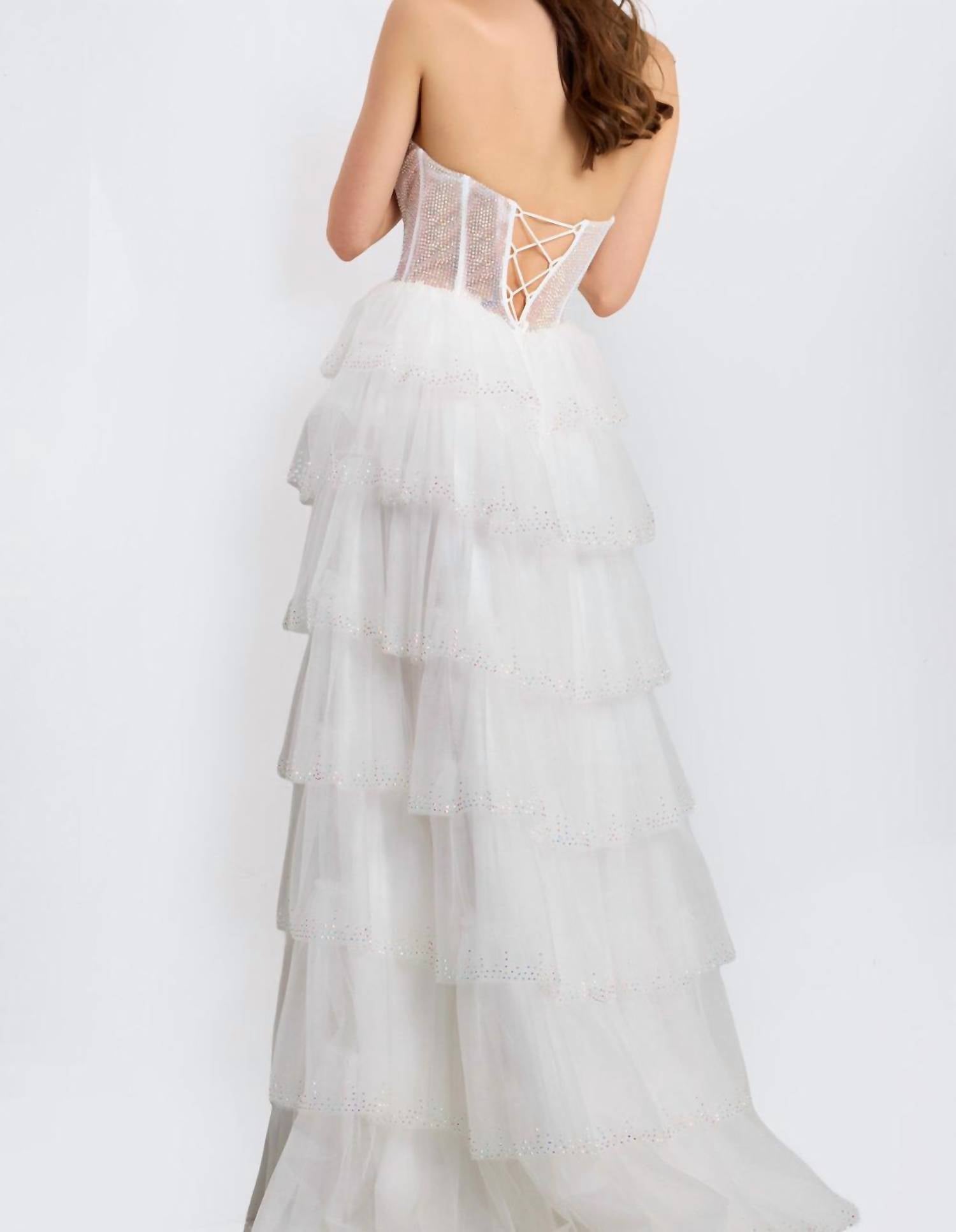 Jovani - Tiered Ruffle Skirt Lace-up Strapless Dress