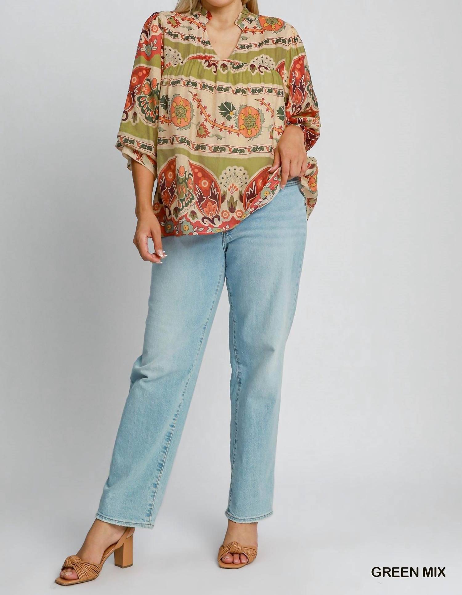 Umgee - Border Print Split Neck Top With Puff Sleeves - Plus