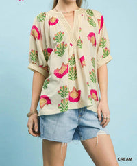 Umgee - Abstract Print Contrast Stitch Top