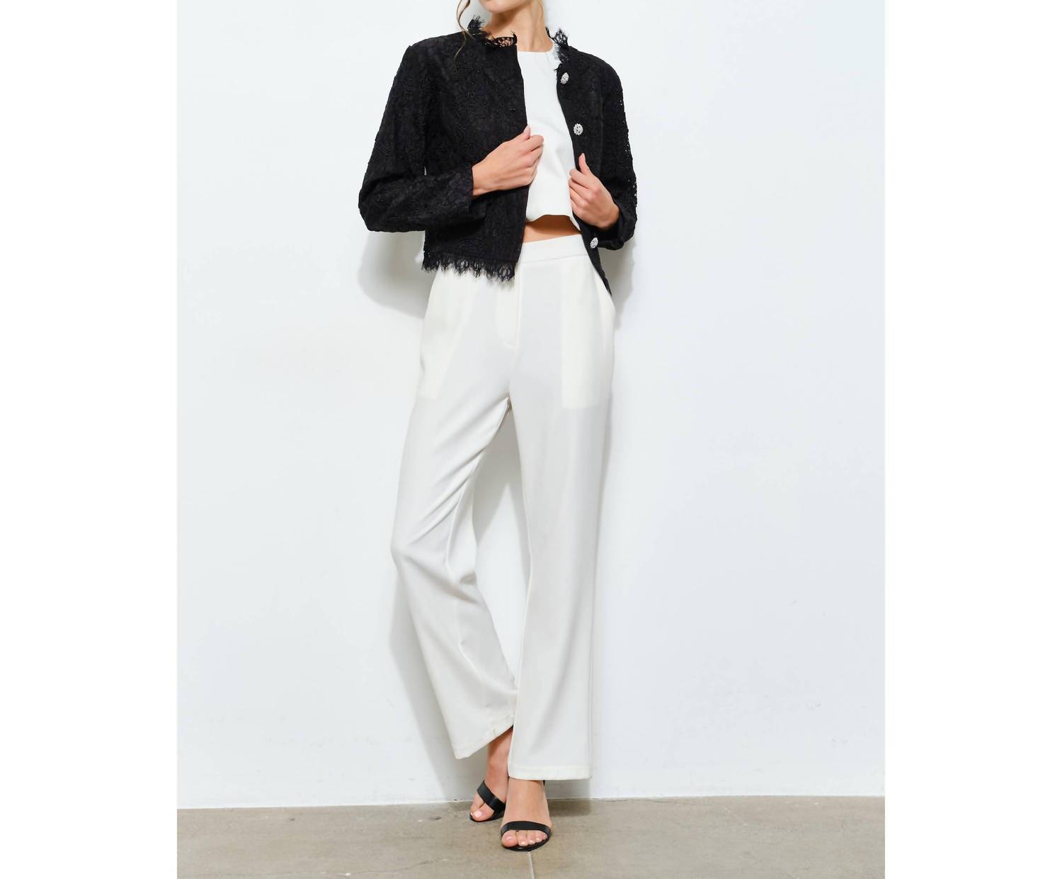 Ina Fashion - Lace Fringe Trim Pearl Button Cropped Jacket