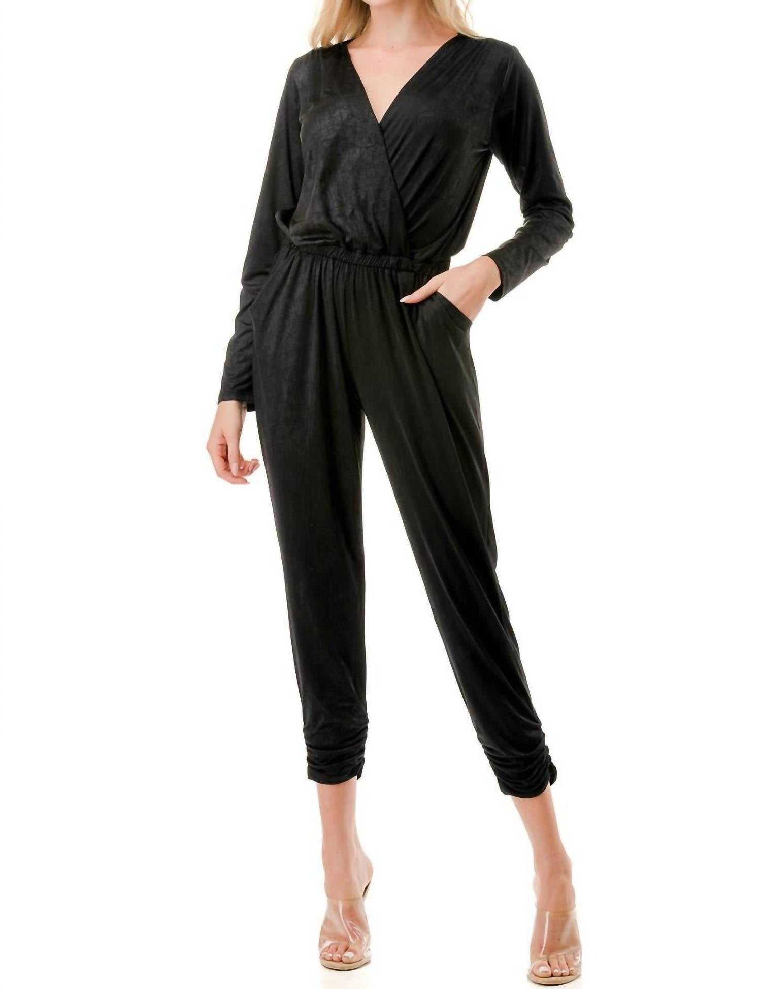 ariella V Neck Long Sleeve Jumpsuit in black - women's pants