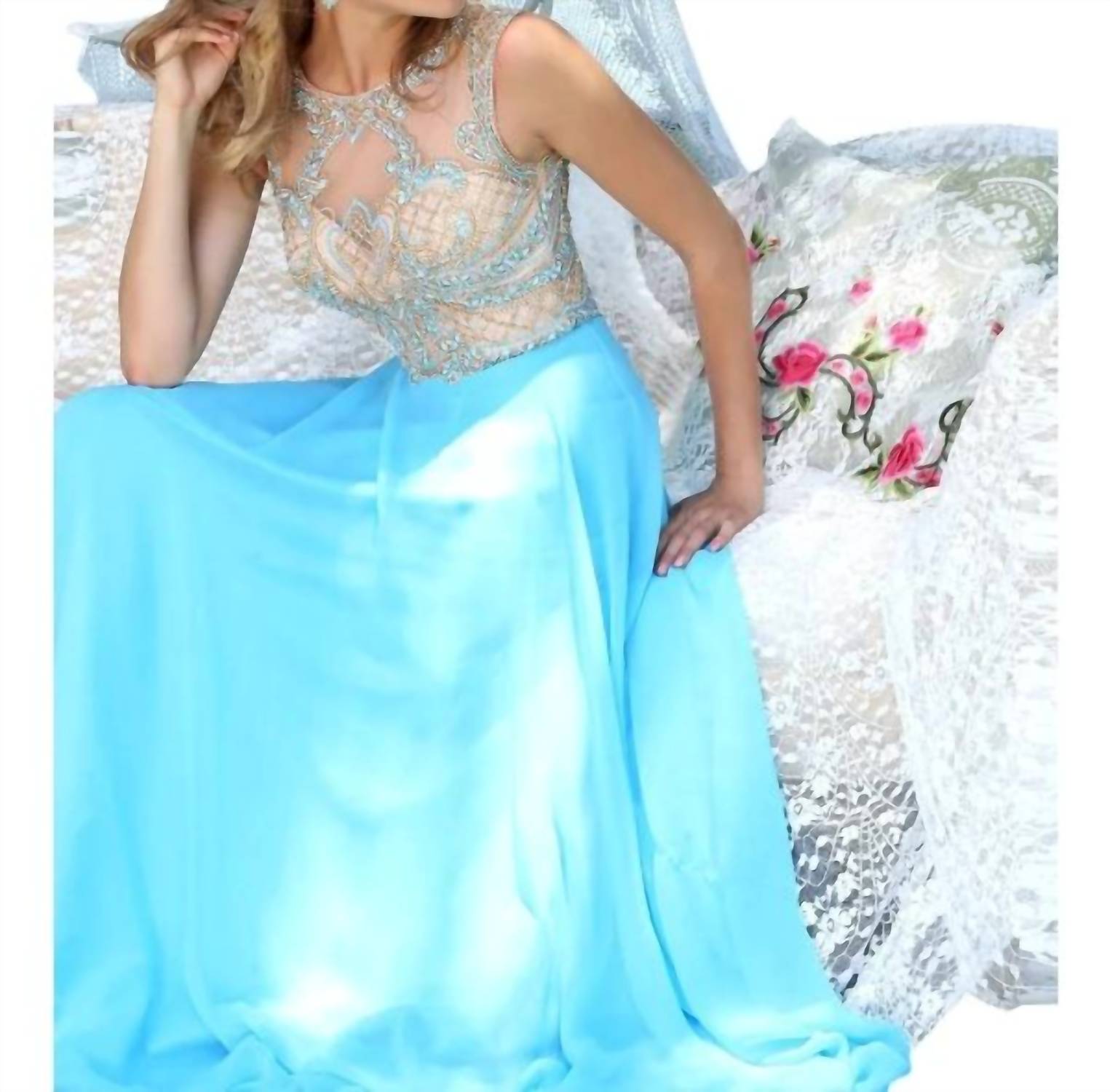 Sherri Hill Women's Beaded Chiffon Gown in light blue - women's dress - view 4