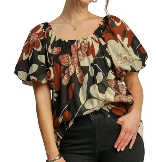 Umgee - Puff Sleeve Abstract Print Round Neck Top