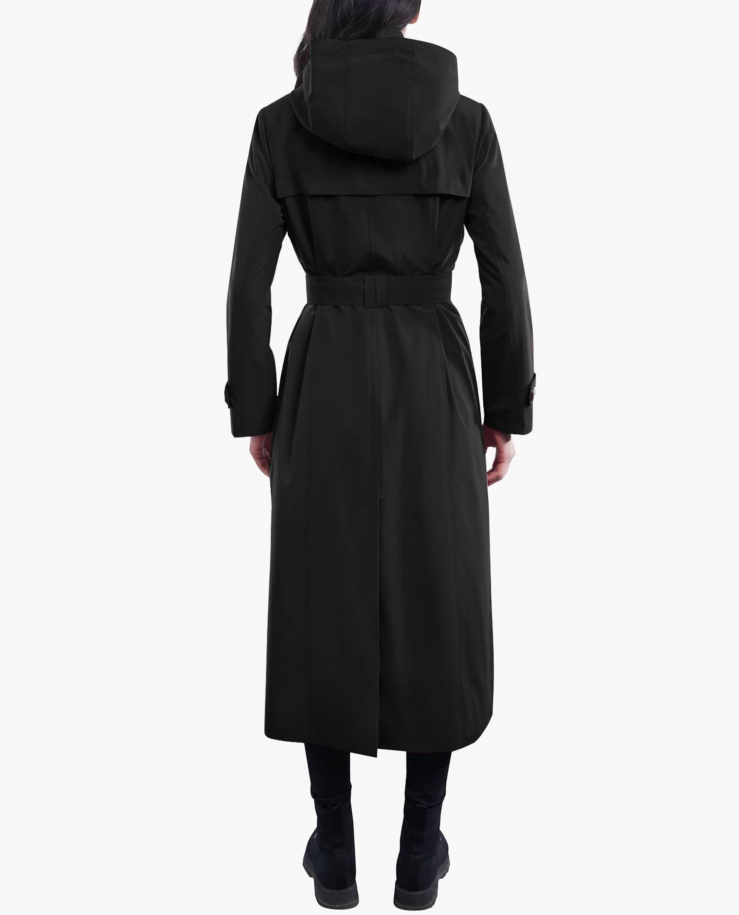 London Fog - Single Breasted Button Front Hooded Maxi Trench With Belt