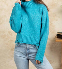 Fashion District La - Long Sleeve Mock Neck Distressed Sweater