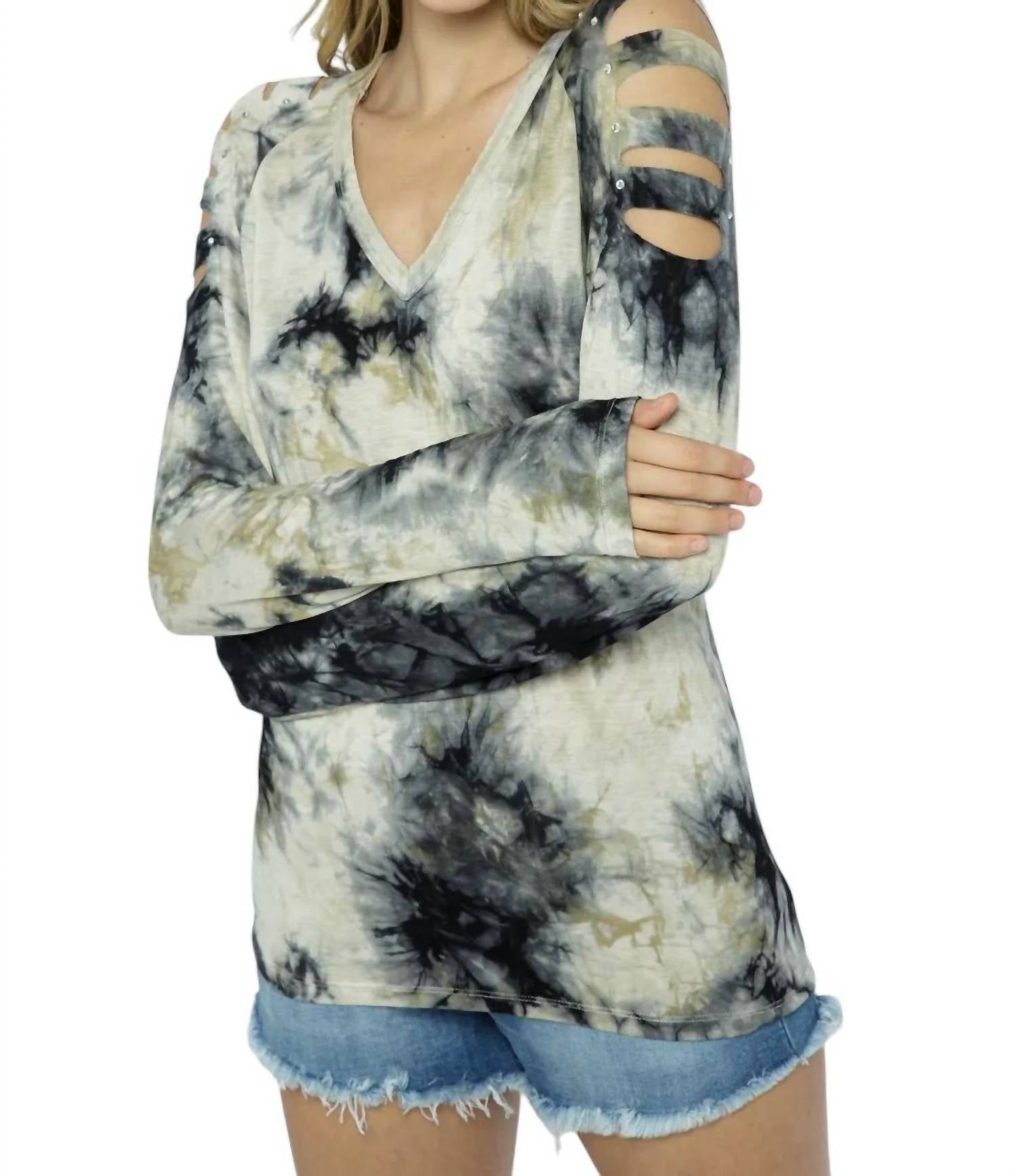 Vocal Apparel - Tie Dye Stud Sliced Long Sleeve Top