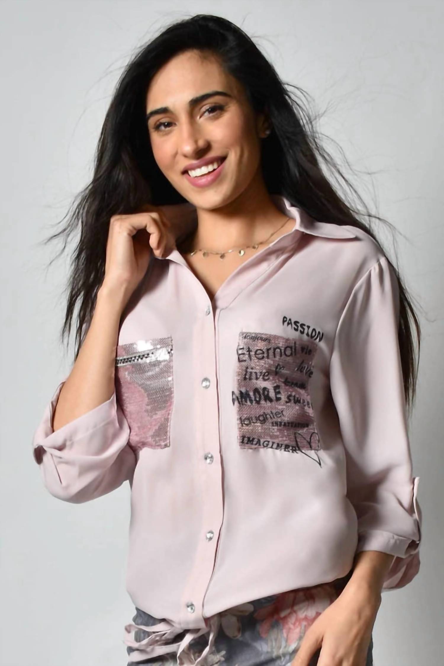 Frank Lyman Bella Sparkle Blouse in pink - women's blouse - alternate view