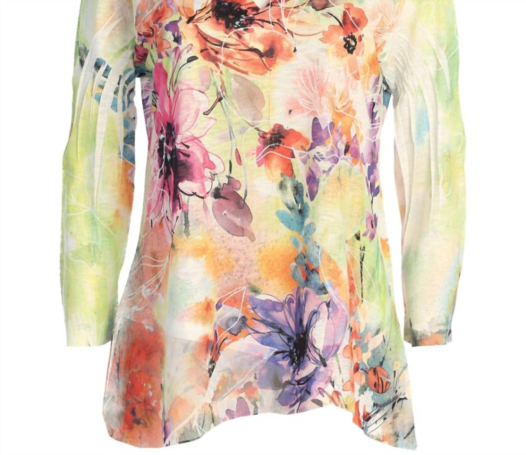 Jess & Jane Women's Victoria Slit V-neck Chiffon Contrast Top in watercolor floral print - women's blouse