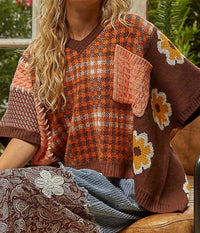 POL Plaid And Floral Knit Top in choco brown - women's shirt
