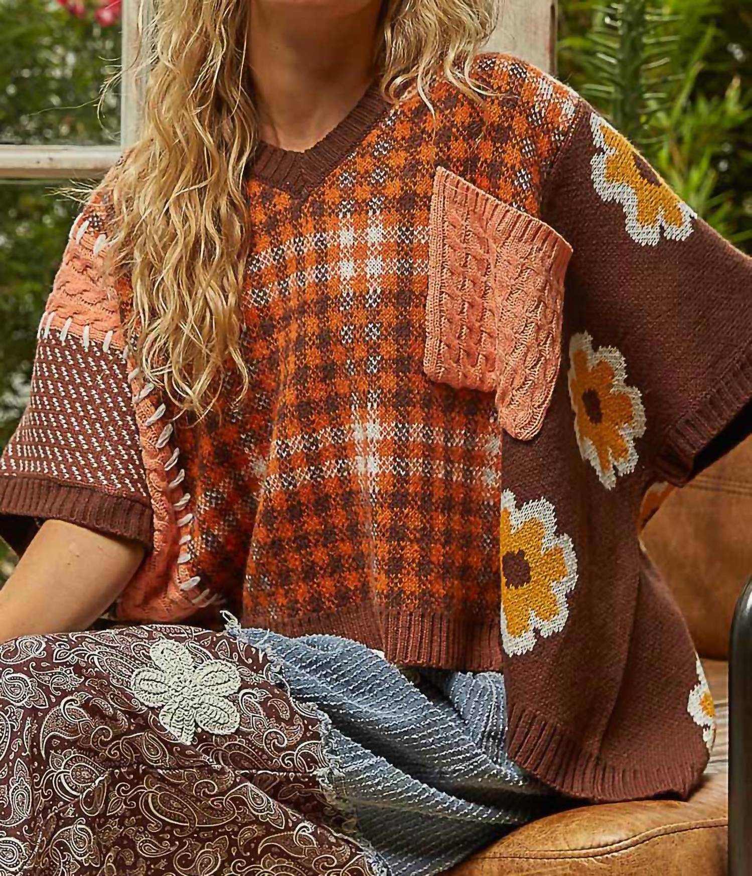 POL Plaid And Floral Knit Top in choco brown - women's shirt