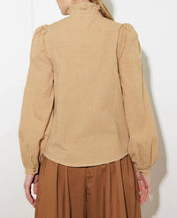 FLYING TOMATO Checkered Print Ruffle Front Shirt in mustard - women's shirt - view 4