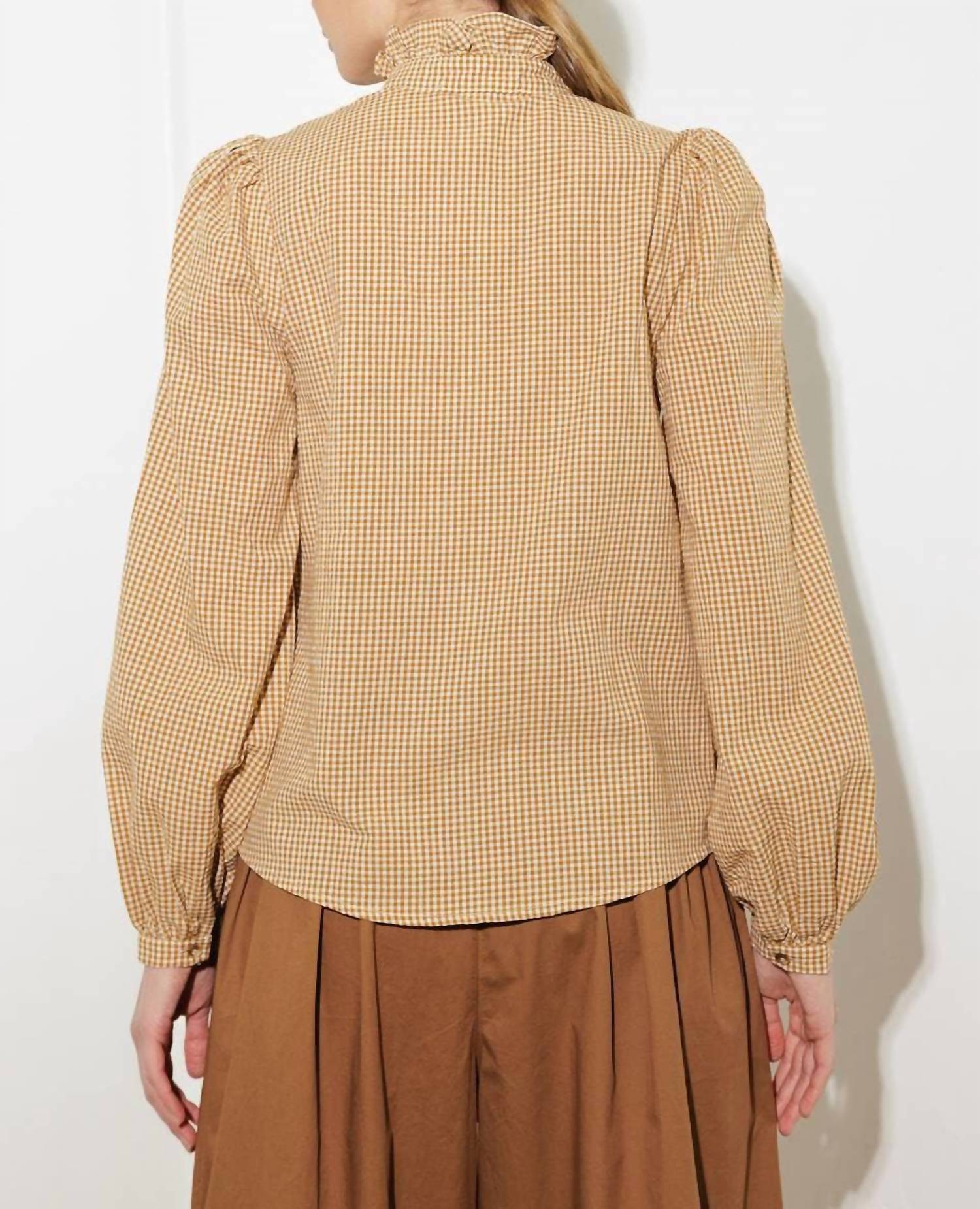 FLYING TOMATO Checkered Print Ruffle Front Shirt in mustard - women's shirt - view 4