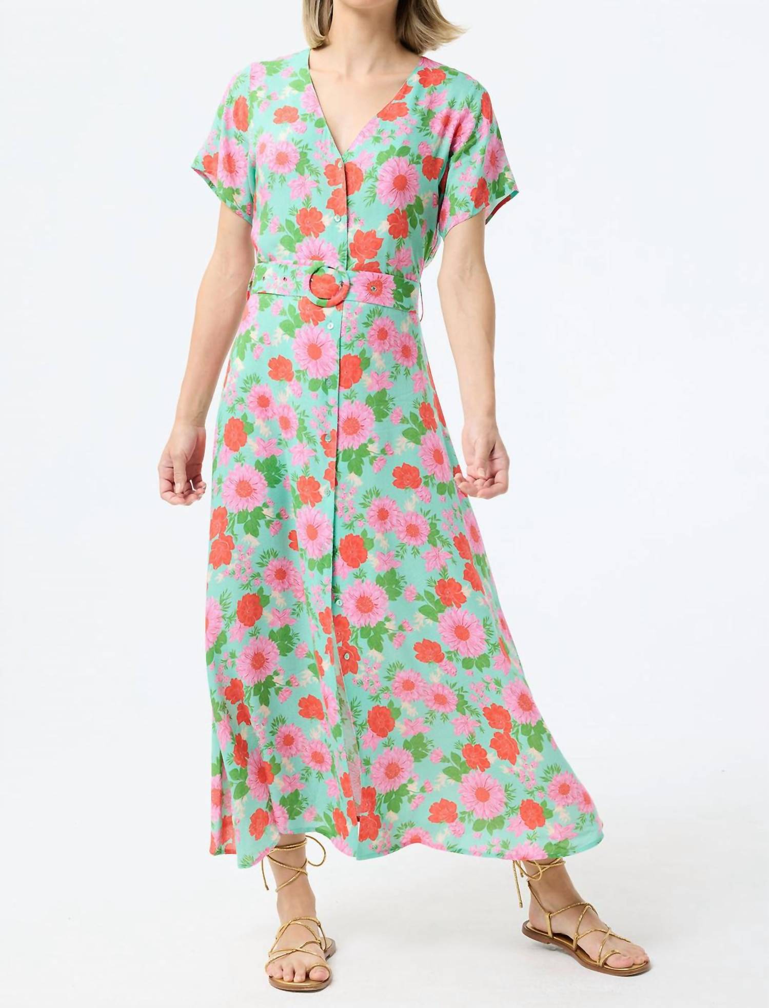 Leo Ugo Women's Viscose Long Printed Dress in sage green red pink - women's dress