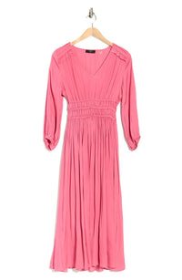 T Tahari - Ruched V Neck 3/4-sleeve Midi Dress