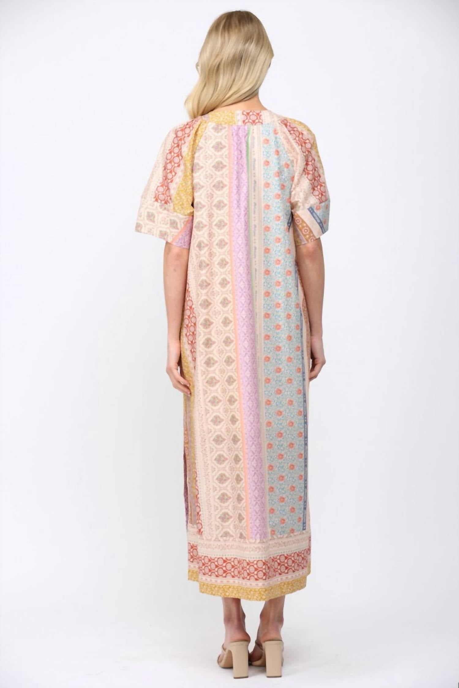 Fate - Patchwork Print Deep V-neckline Kaftan Midi Dress