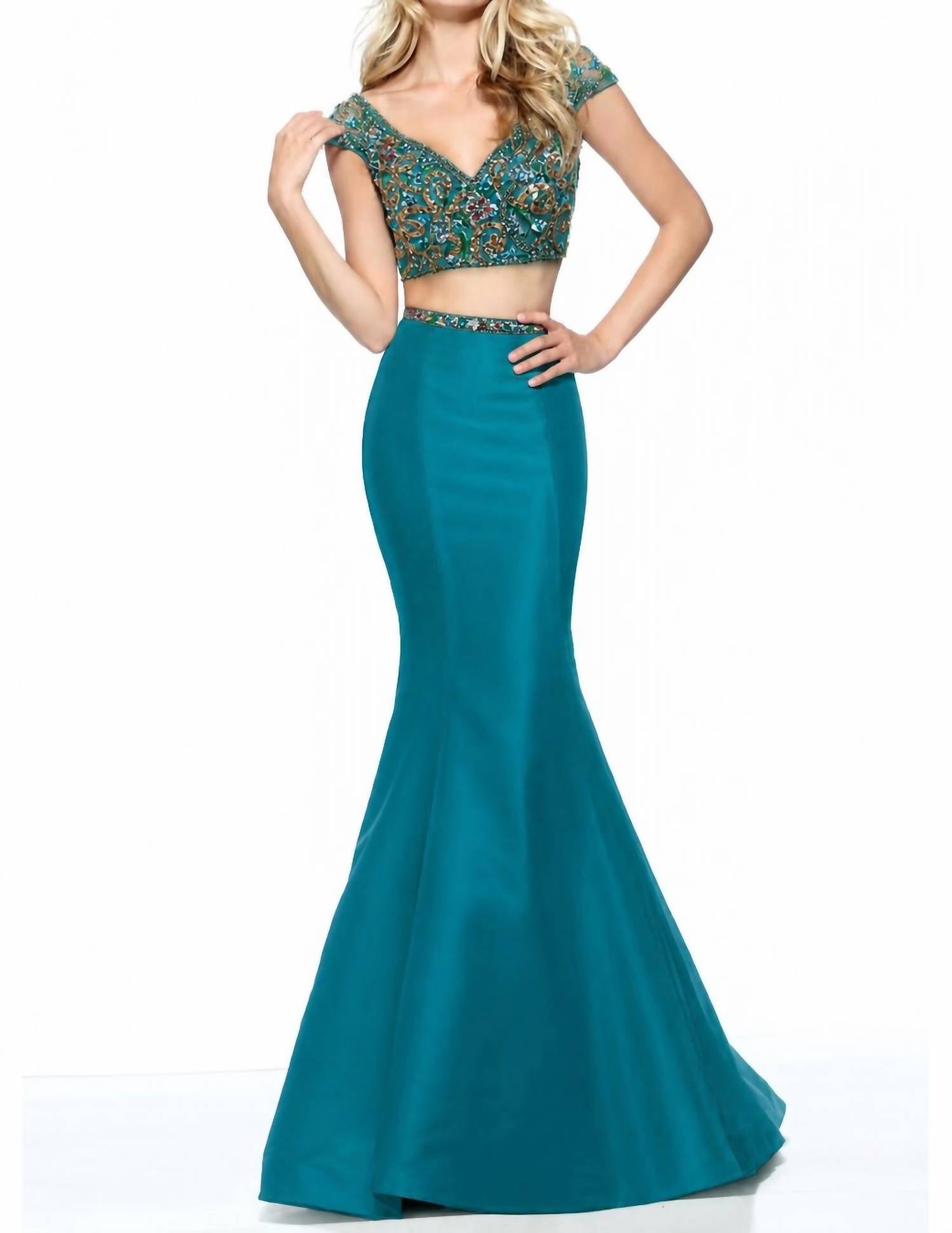 Sherri Hill Beaded Two Piece Mermaid Formal Maxi Dress in aqua - women's dress