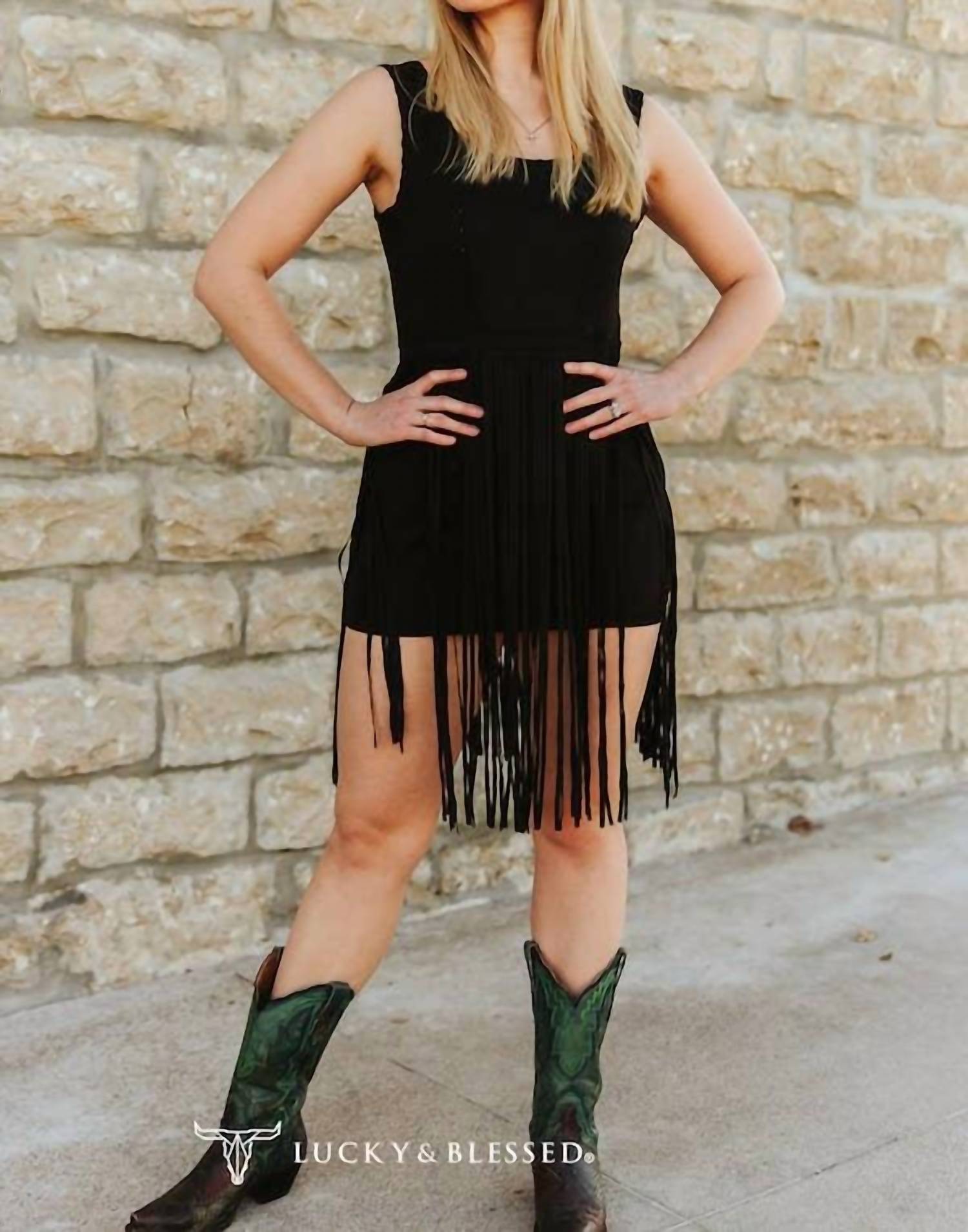 Lucky & Blessed - Suede Fringe Mini Dress With Whipstitch Detail