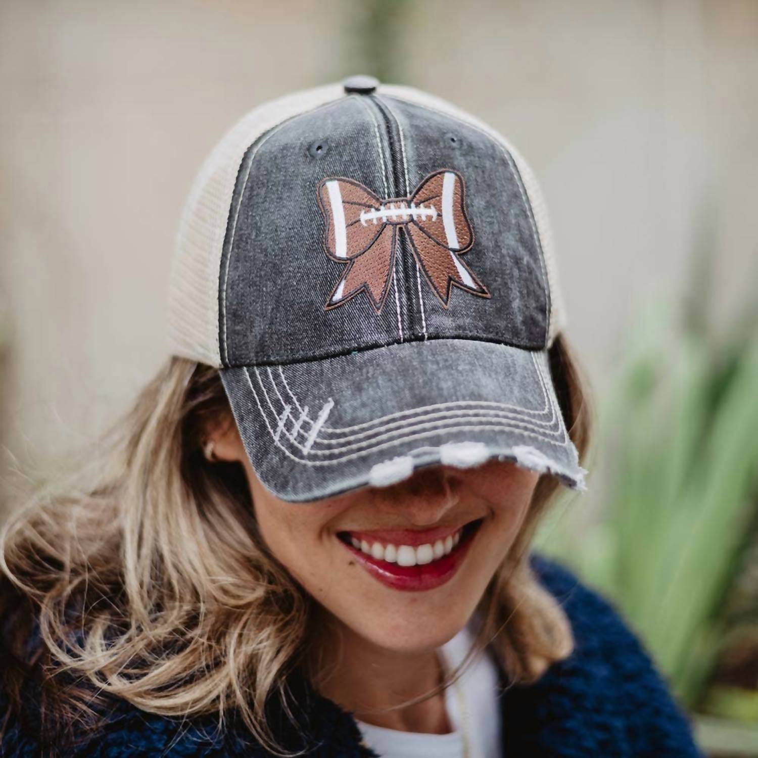 Katydid - Women's Football Bow Coquette Patch Distressed Trucker Hat