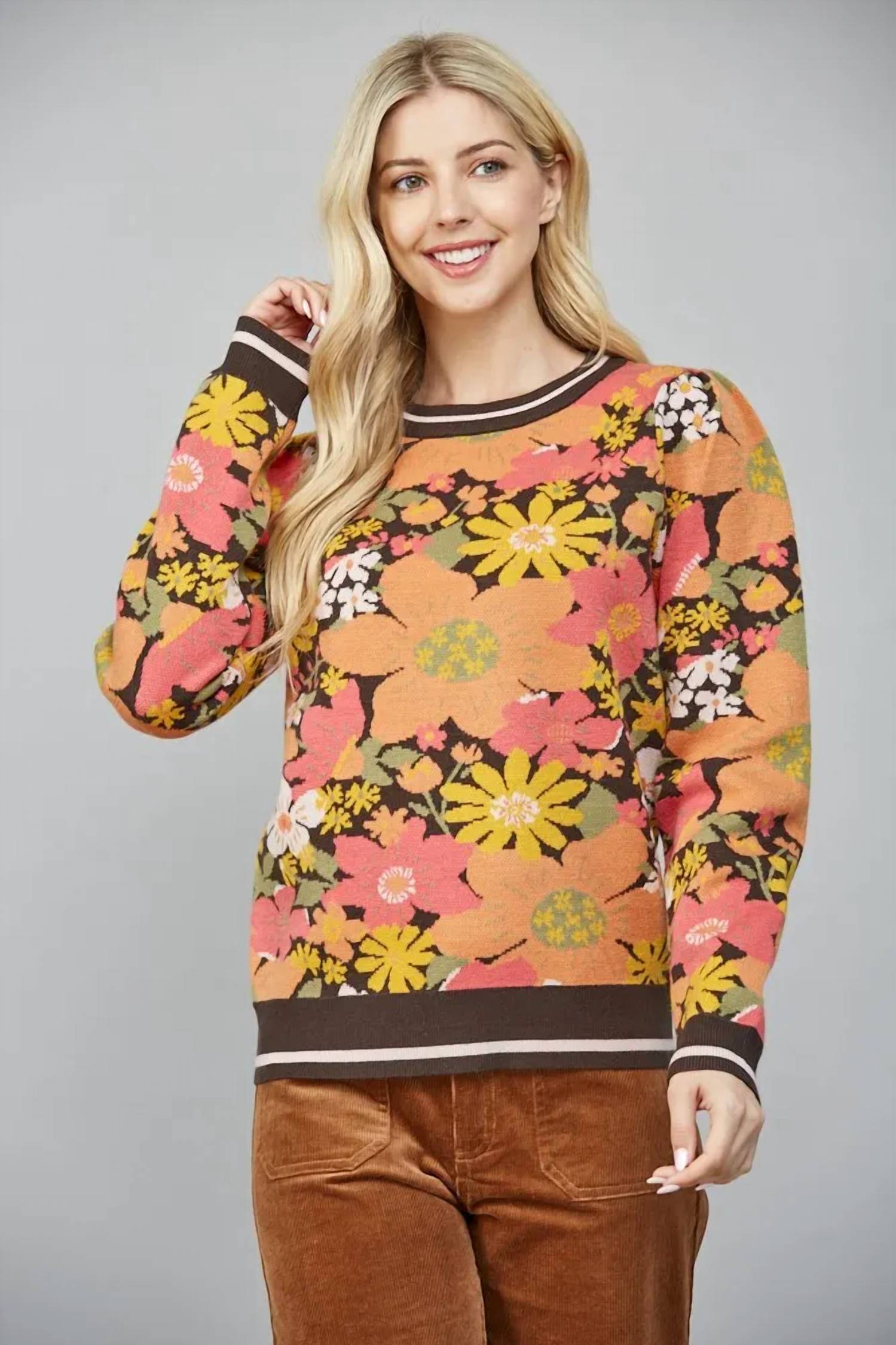 Fate - Floral Jacquard Knit Puff Sleeve Sweater