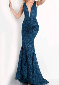 Jovani - Illusion Plunging V-neckline Floral Embroidered Gown