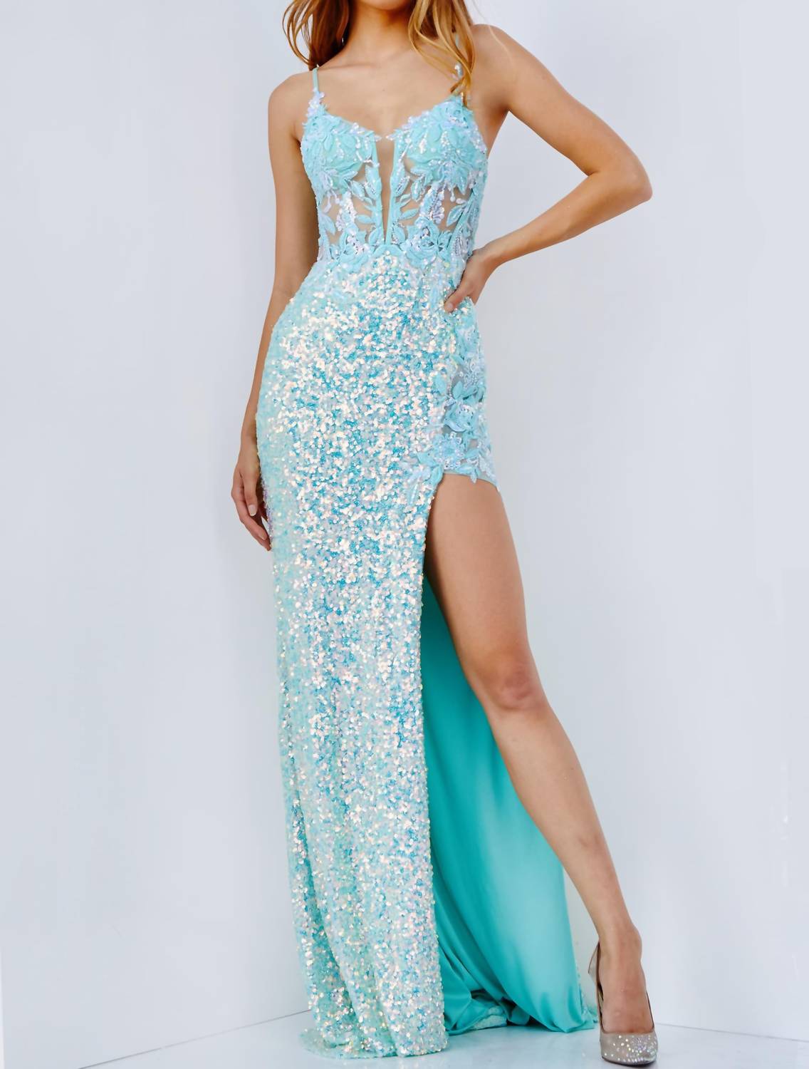 Jovani - Women's Illusion Bodice Plunging Neck Prom Dress