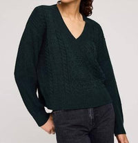 Gentle Fawn Marcie V Neck Cable Knit Pullover Sweater in wintergreen - women's sweater - detail view
