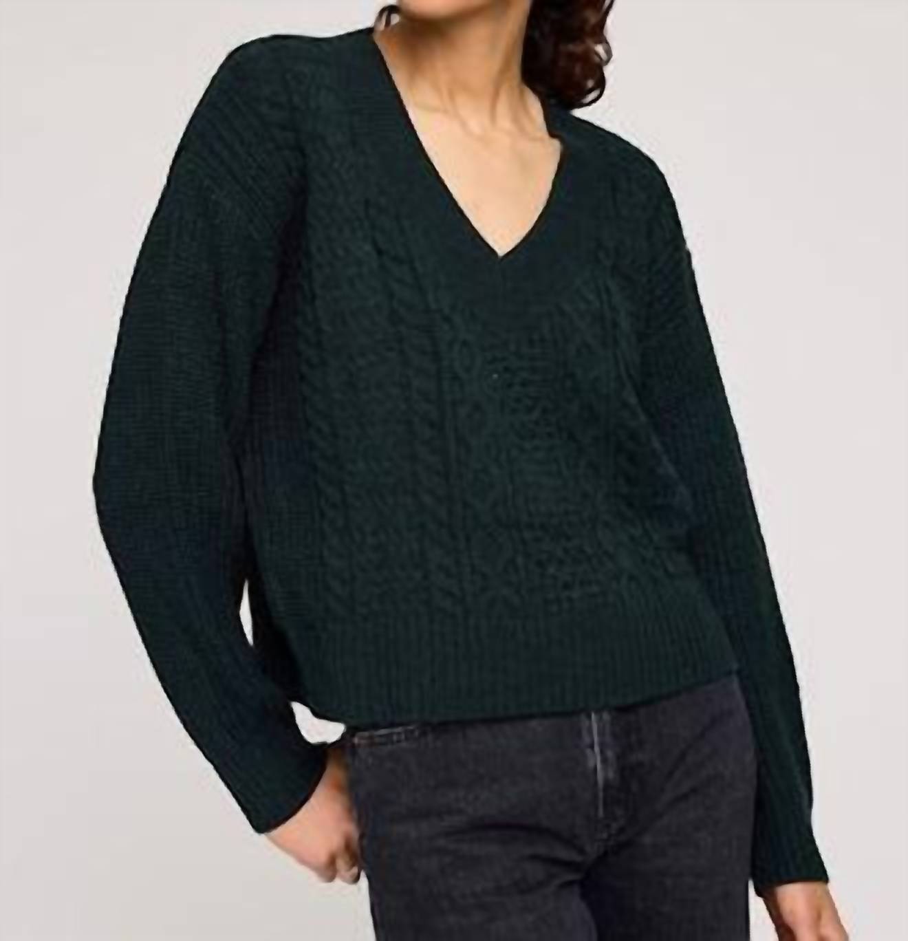 Gentle Fawn Marcie V Neck Cable Knit Pullover Sweater in wintergreen - women's sweater - detail view