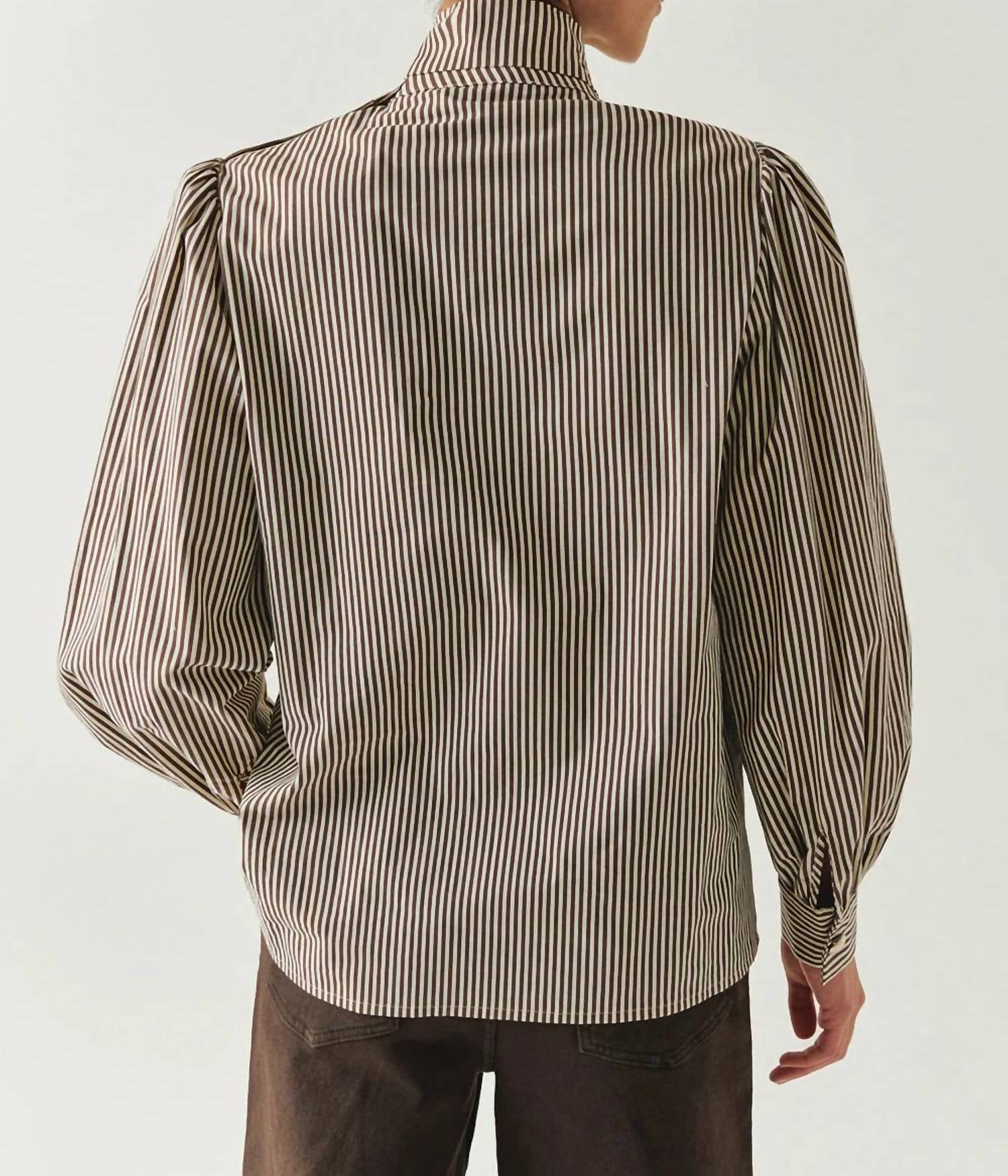 EXQUISE High Neck Cotton Blouse in brown - women's blouse - detail view