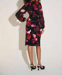 Joseph Ribkoff Floral Chiffon Puff Sleeve Sheath Dress in black multi - women's dress - detail view