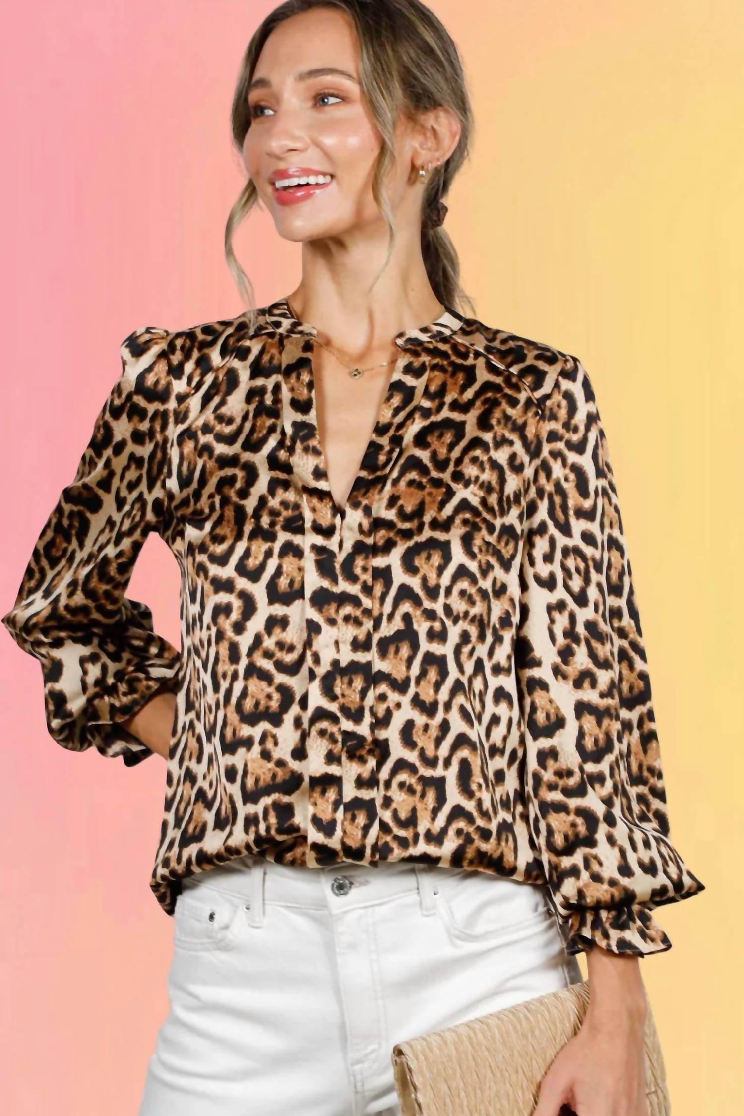 Vine & Love - Henley Leopard Print Blouse