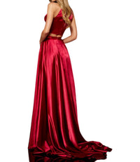 Sherri Hill Slit Skirt Two Piece Long Party Dress in red - women's dress - detail view