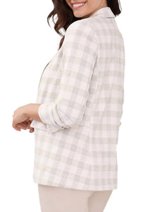 Peace Of Cloth - Lapel Collar Ruched Sleeve Plaid Crepe Blazer