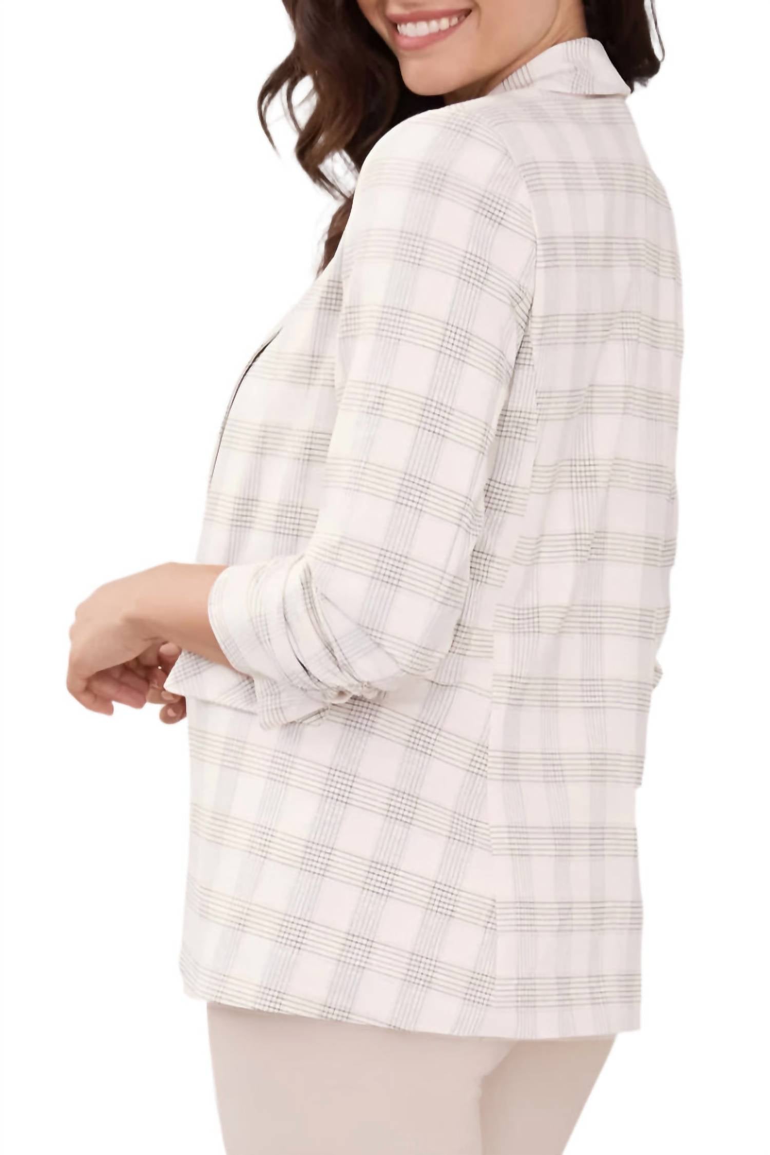 Peace Of Cloth - Lapel Collar Ruched Sleeve Plaid Crepe Blazer