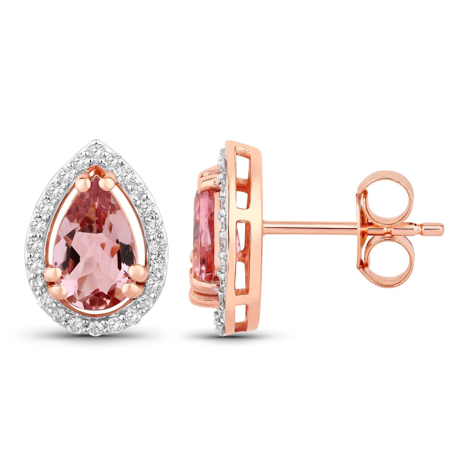 Diana M Jewels Women's Pear Natural Morganite Stud Earrings (1.56 Ct) - Classic in 14k rose gold - women's jewelry - detail view